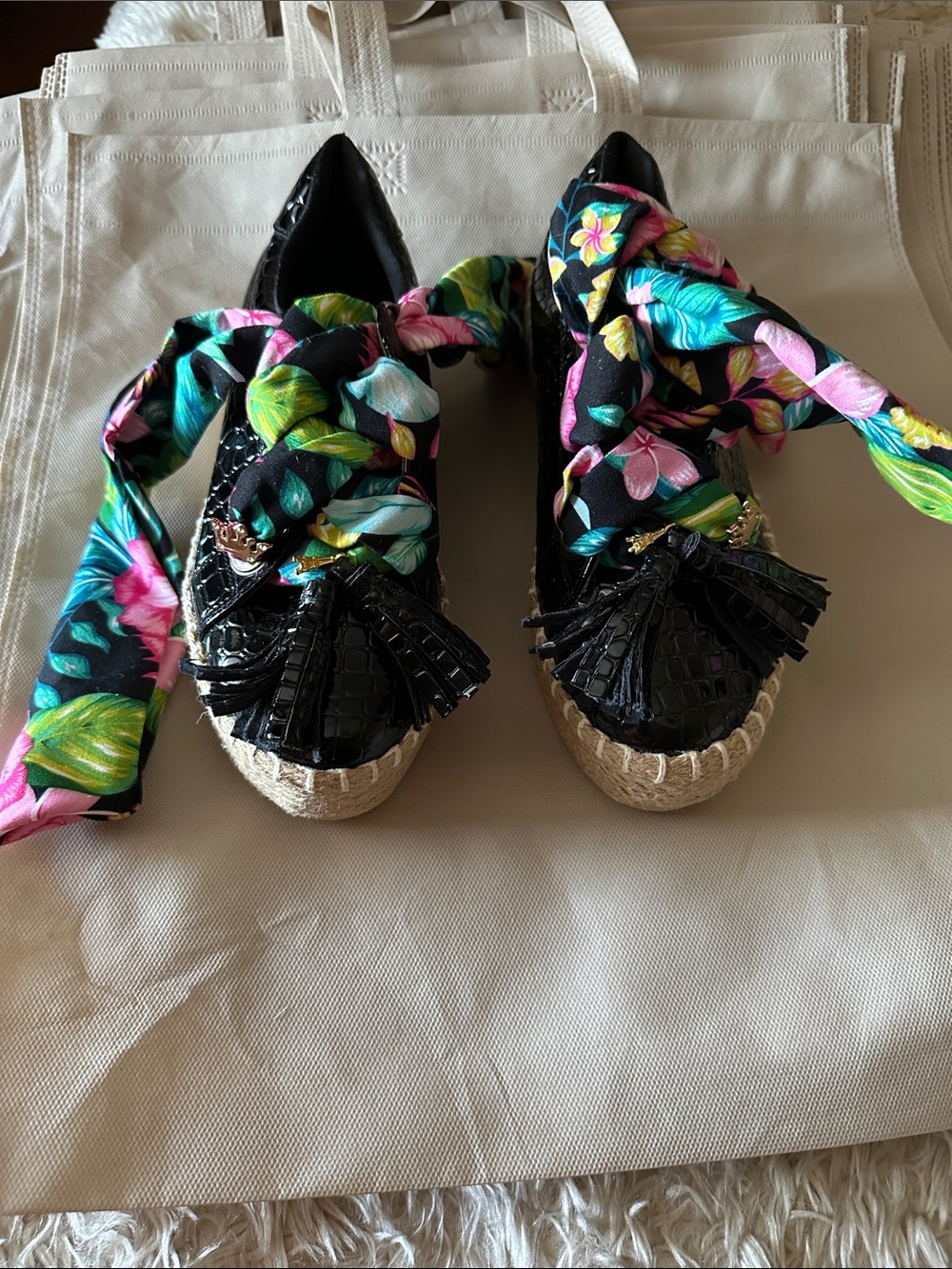 Black Floral Tie-Espadrille Flats with Tassel Detail